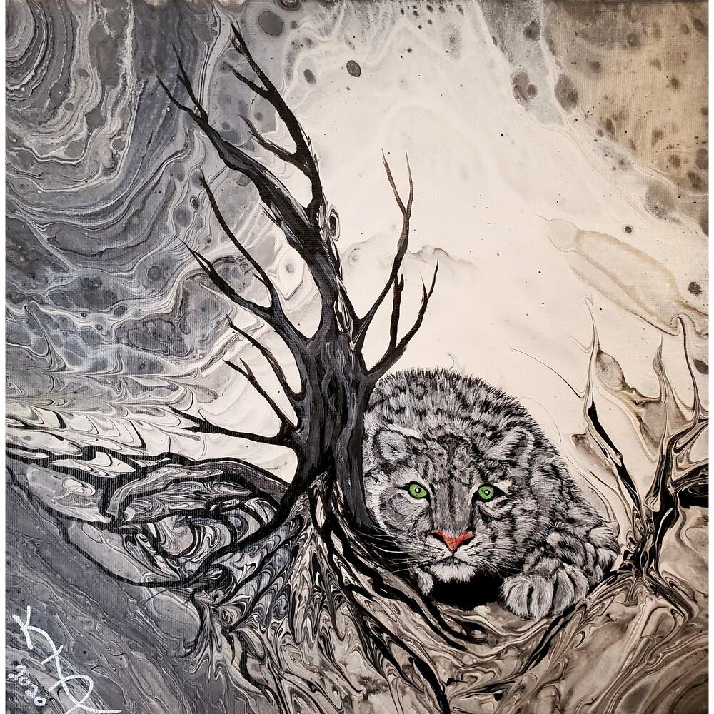 Snow Leopard with Tree Art Print from my Original Work 12" x 12"  Acid Free